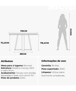 CA0203 MESA DE COMEDOR BENNETT REDONDA 115 CM C/ VIDRIO NATURAL/ BLANC... - Imagen 3