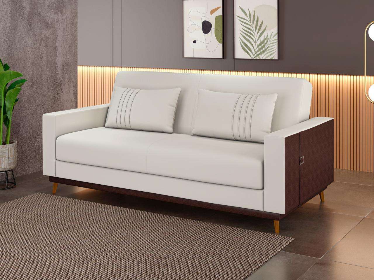 SOFA CAMA ESTHER BASE REVESTIDA LEATHER MARRON/ BLANCO