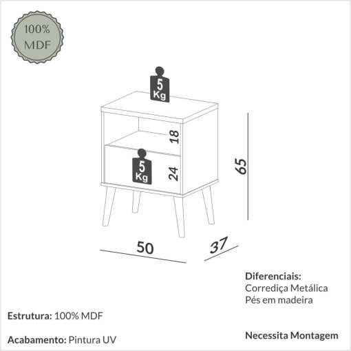 MESA DE NOCHE C/01 CAJON - FREIJO / OFF WHITE - Imagen 2