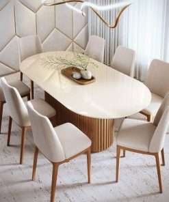 MESA LIVING 1.8 VIDRO OVAL OFF WHITE/ CINAMOMO