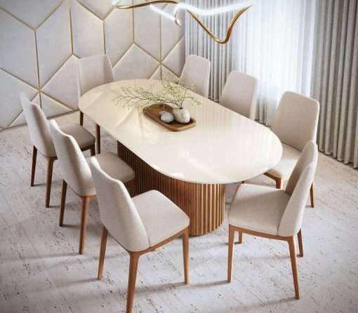 MESA LIVING 1.8 VIDRO OVAL OFF WHITE/ CINAMOMO