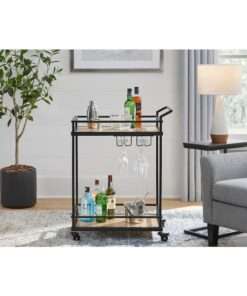 Bar StyleWell Black Metal Bar Cart with Natural Wood Shelves (26 in. W)