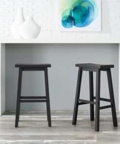 BANQUETAS STYLE WELL CHARCOAL BLACK WOOD BACKLESS SADDLE BAR STOOLS S...