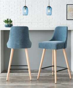 taburete de bar (set de 2)StyleWell 30 in. Benfield Twilight/Natural Blue Wood Upholstered Bar Stools with Back