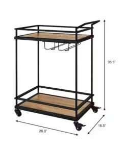 MINI BAR STYLE WELL BLACK METAL BAR CART WITH NATURAL WOOD SHELVES 26... - Imagen 5