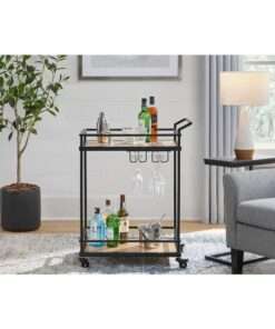 MINI BAR STYLE WELL BLACK METAL BAR CART WITH NATURAL WOOD SHELVES 26... - Imagen 4