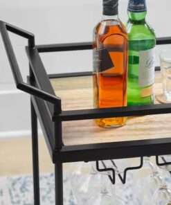 MINI BAR STYLE WELL BLACK METAL BAR CART WITH NATURAL WOOD SHELVES 26... - Imagen 6