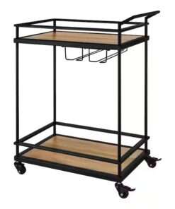 MINI BAR STYLE WELL BLACK METAL BAR CART WITH NATURAL WOOD SHELVES 26... - Imagen 8